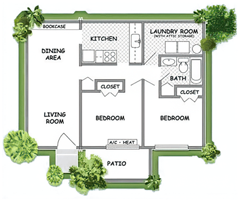 Floor plan for 2 beds, 1 bath, 864 sqft