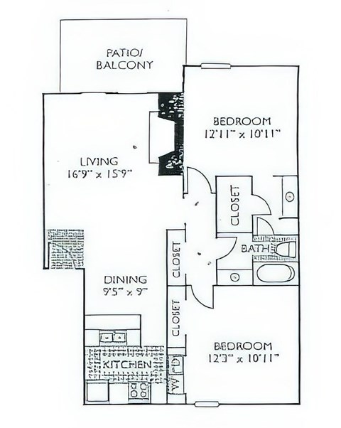 Floor plan for 2 beds, 1 bath, 949 sqft