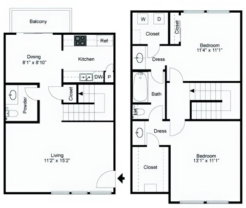 Floor plan for 2 beds, 1.5 baths, 1040 sqft