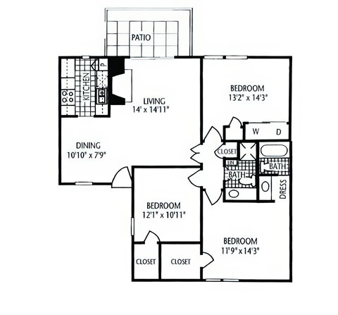 Floor plan for 3 beds, 2 baths, 1216 sqft