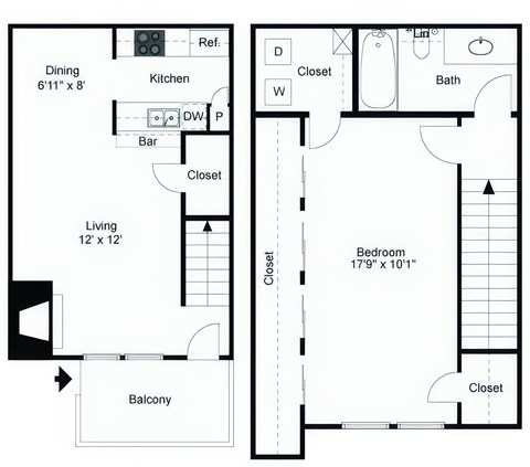 Floor plan for 1 bed, 1 bath, 806 sqft