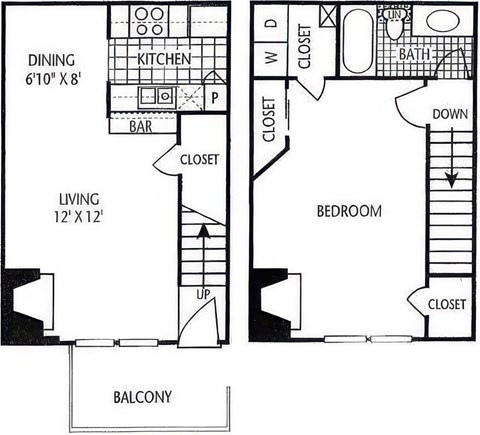 Floor plan for 1 bed, 1 bath, 806 sqft
