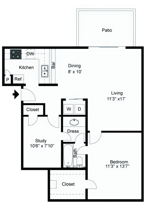 Floor plan for 1 bed, 1 bath, 806 sqft