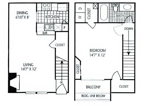 Floor plan for 1 bed, 1 bath, 787 sqft