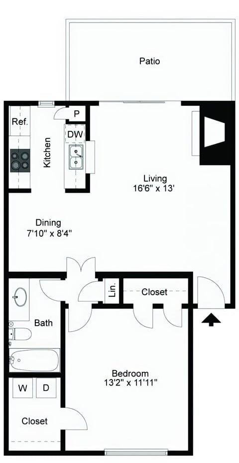Floor plan for 1 bed, 1 bath, 686 sqft