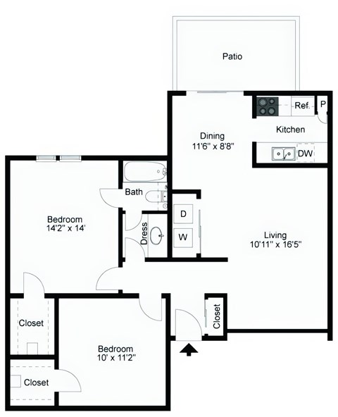 Floor plan for 2 beds, 1 bath, 917 sqft