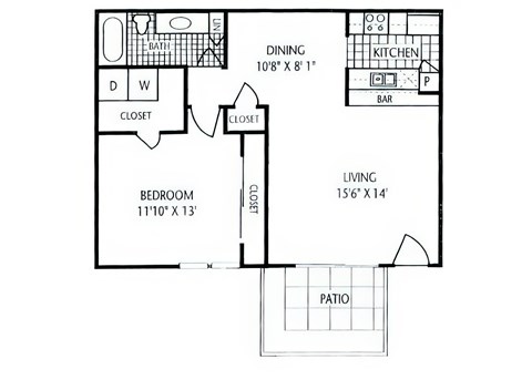 Floor plan for 1 bed, 1 bath, 800 sqft