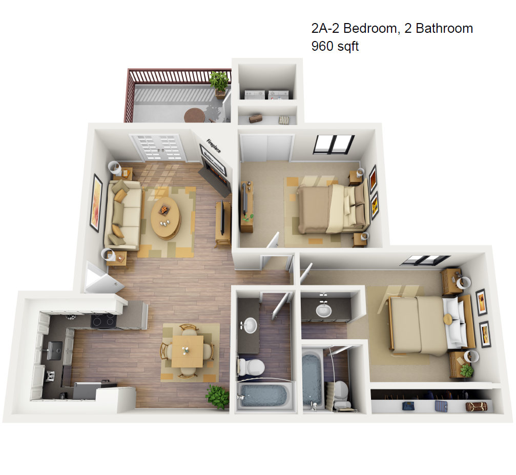 Floor plan for 2 beds, 2 baths, 960 sqft