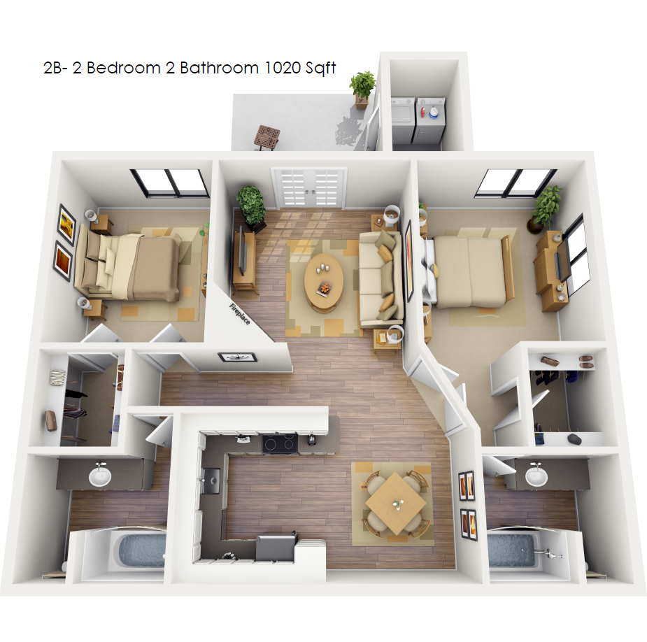 Floor plan for 2 beds, 2 baths, 1020 sqft