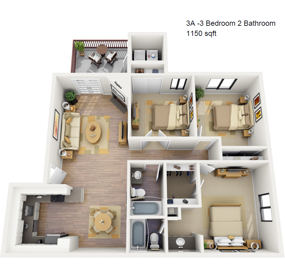 Floor plan for 3 beds, 2 baths, 1150 sqft