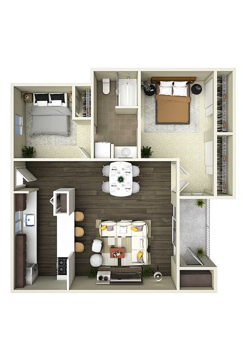Floor plan for 2 beds, 1 bath, 847 sqft