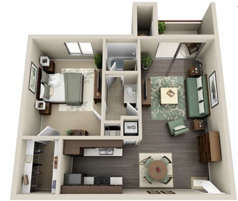 Floor plan for 1 bed, 1 bath, 751 sqft
