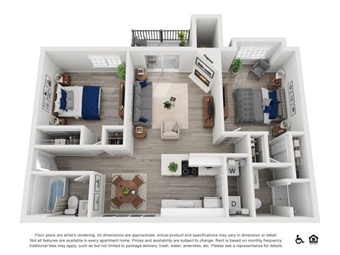 Floor plan for 2 beds, 2 baths, 950 sqft