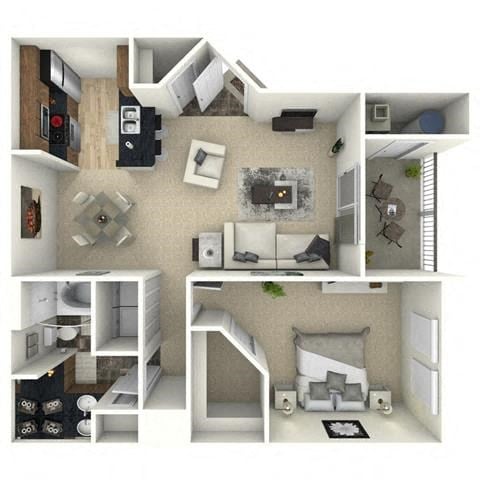 Floor plan for 1 bed, 1 bath, 709 sqft