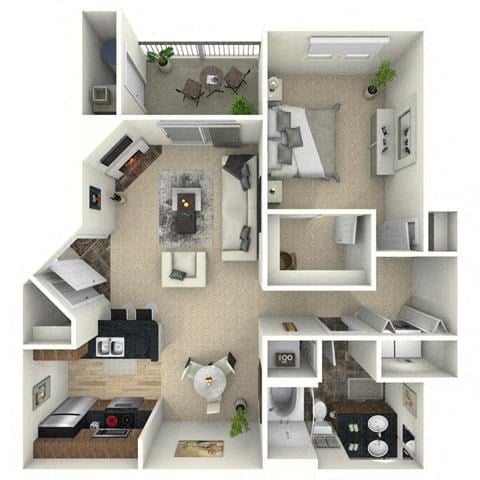 Floor plan for 1 bed, 1 bath, 769 sqft