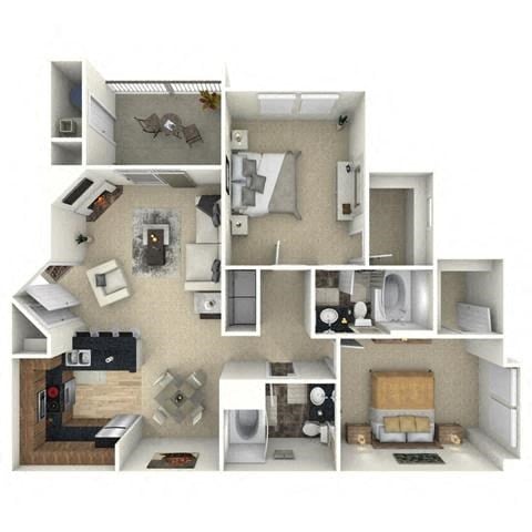 Floor plan for 2 beds, 2 baths, 1049 sqft