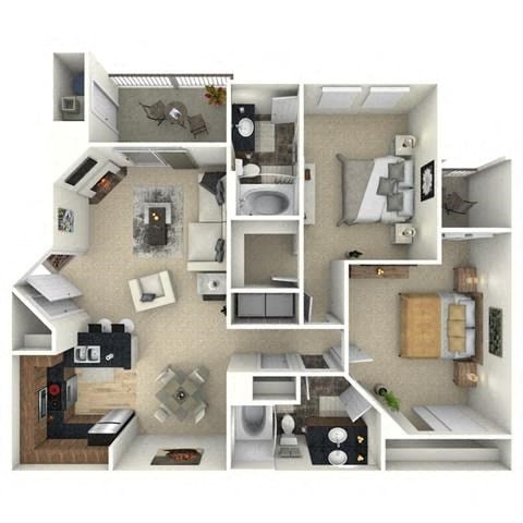 Floor plan for 2 beds, 2 baths, 1078 sqft