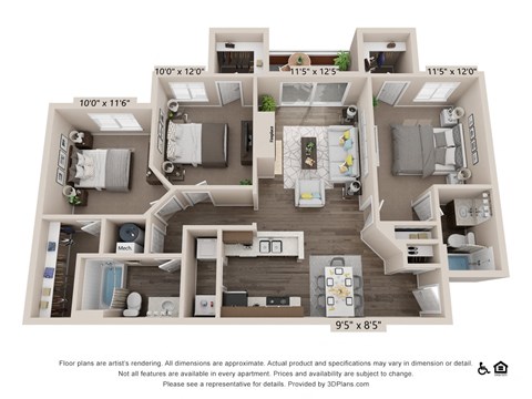 Floor plan for 3 beds, 2 baths, 1177 sqft