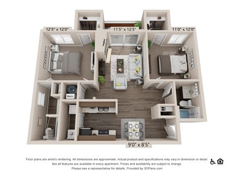 Floor plan for 2 beds, 2 baths, 989 sqft
