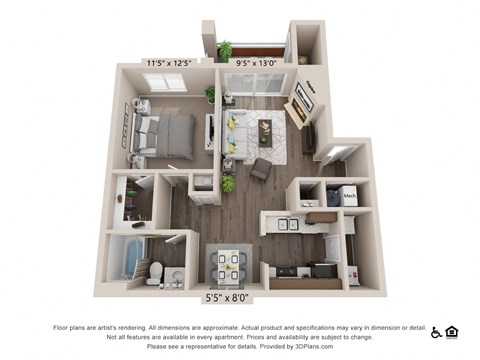 Floor plan for 1 bed, 1 bath, 729 sqft