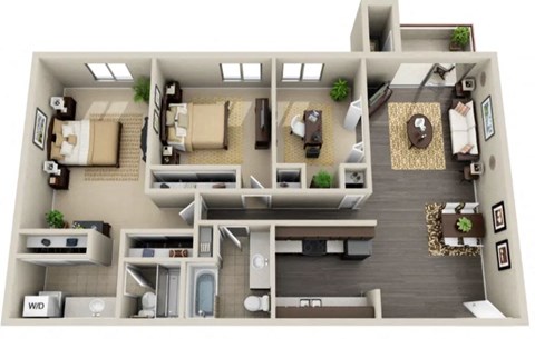 Floor plan for 3 beds, 2 baths, 1285 sqft