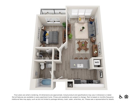 Floor plan for 1 bed, 1 bath, 677 sqft