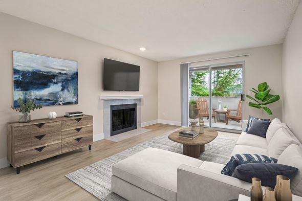 Renton apartment for rent - a living room with a couch and a tv and a fireplace