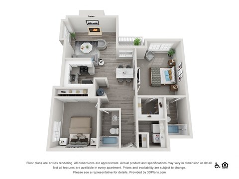 Floor plan for 2 beds, 2 baths, 1093 sqft