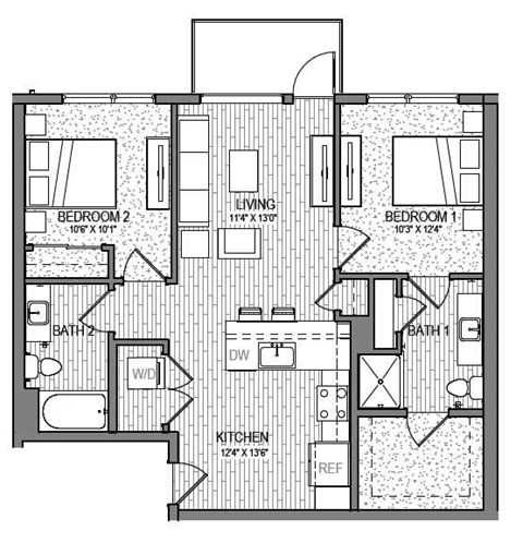 Floor plan for 2 beds, 2 baths, 955 sqft