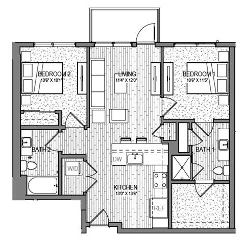 Floor plan for 2 beds, 2 baths, 958 sqft