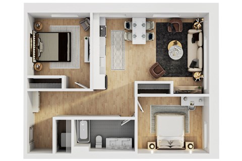 Floor plan for 2 beds, 1 bath, 917 sqft