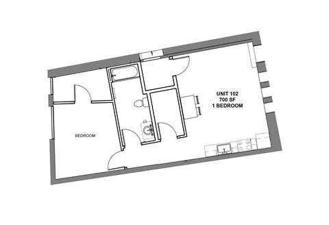 Floor plan for 1 bed, 1 bath, 700 sqft