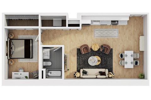 Floor plan for 1 bed, 1 bath, 779 sqft