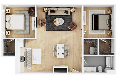 Floor plan for 2 beds, 1 bath, 956 sqft