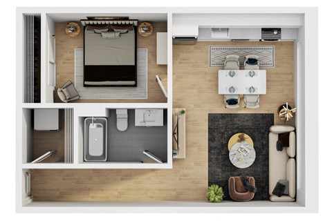 Floor plan for 1 bed, 1 bath, 608 sqft