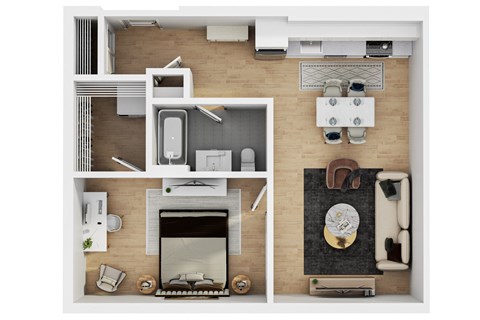 Floor plan for 1 bed, 1 bath, 654 sqft