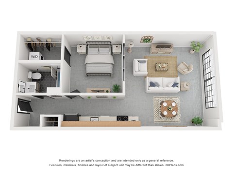Floor plan for 1 bed, 1 bath, 617 sqft