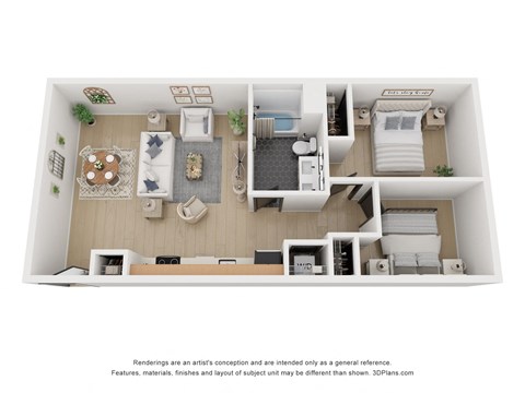 Floor plan for 2 beds, 1 bath, 797 sqft