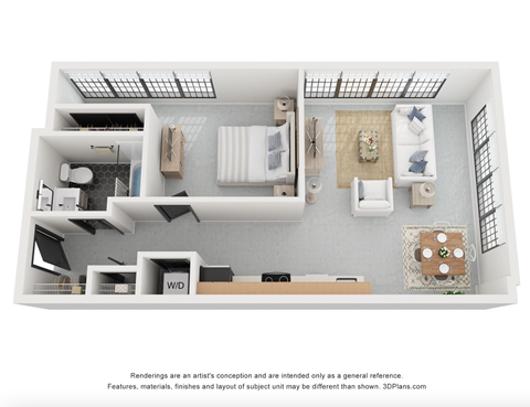 Floor plan for 1 bed, 1 bath, 719 sqft