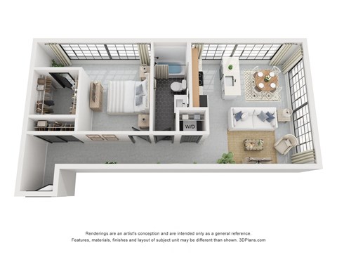 Floor plan for 1 bed, 1 bath, 754 sqft