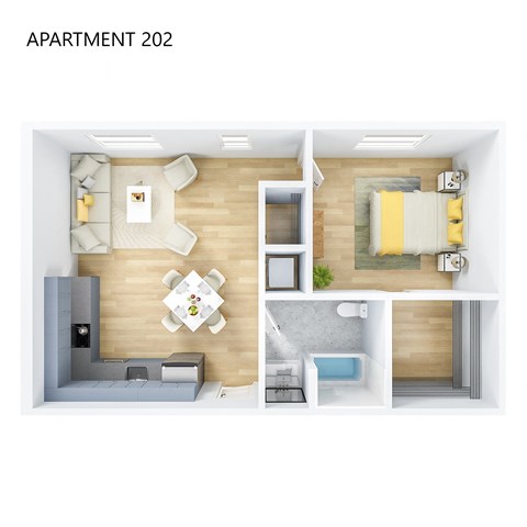 Floor plan for 1 bed, 1 bath, 843 sqft