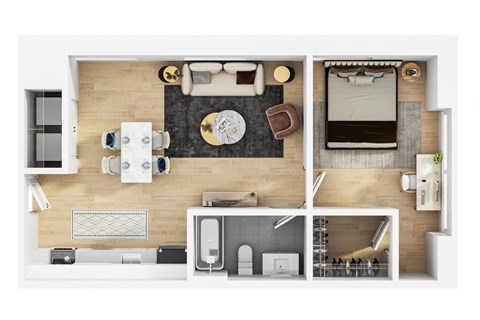 Floor plan for 1 bed, 1 bath, 636 sqft