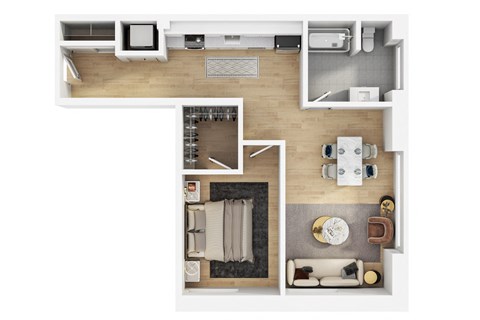 Floor plan for 1 bed, 1 bath, 721 sqft