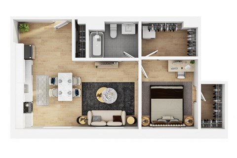 Floor plan for 1 bed, 1 bath, 666 sqft