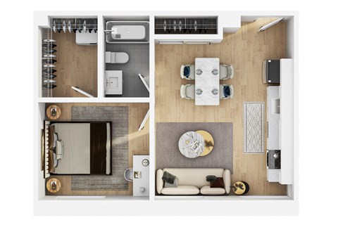 Floor plan for 1 bed, 1 bath, 524 sqft