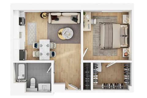 Floor plan for 1 bed, 1 bath, 567 sqft
