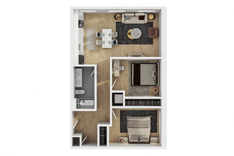Floor plan for 2 beds, 1 bath, 864 sqft