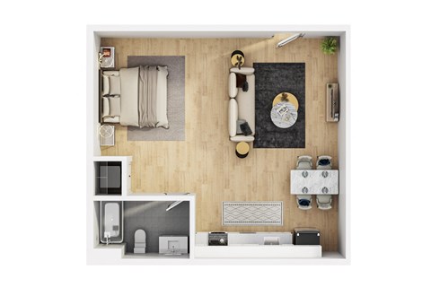 Floor plan for studio, 1 bath, 629 sqft