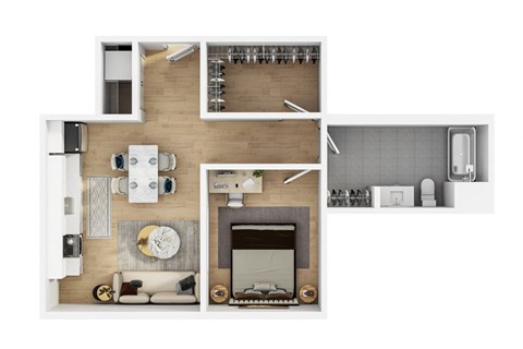 Floor plan for 1 bed, 1 bath, 651 sqft