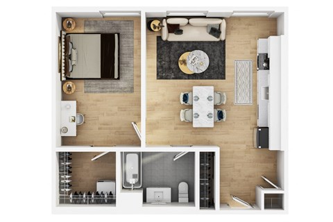 Floor plan for 1 bed, 1 bath, 668 sqft